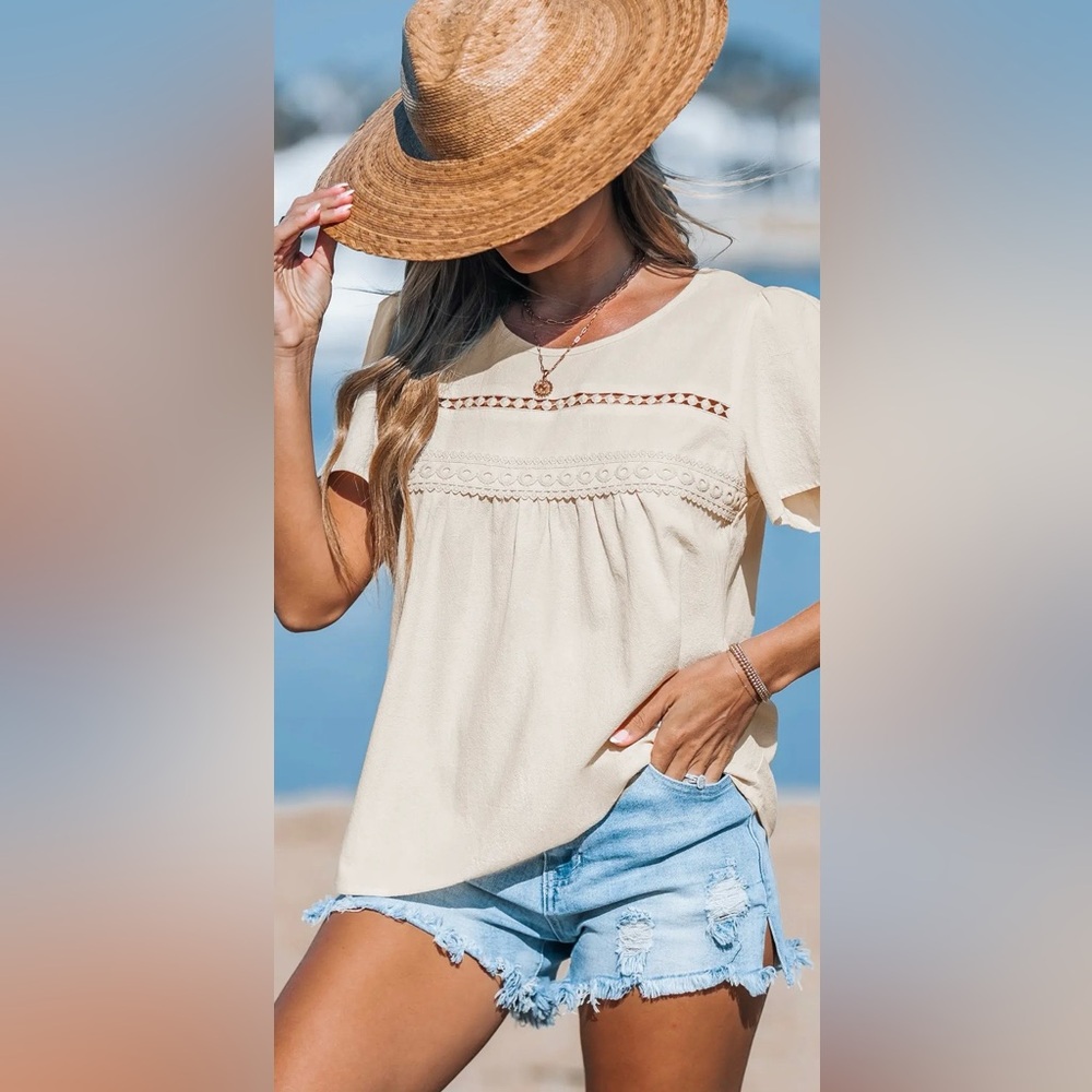 New Women’s Boho Babydoll Beige Top Lace Trim Detail 100% Cotton Size Medium